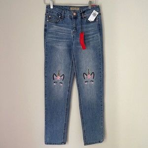 Celebrity Pink Jean Girls Sz 14 Unicorn Embroidery Pink Mid Rise Girlfriend New